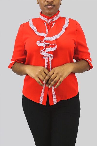 Mock Neck Eyelet Embroidery Ruffle Top: $54.99